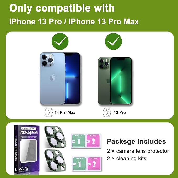 2-Pack Shatterproof Camera Lens Protector for iPhone 13 Pro/13 Pro Max |AR Tempered Glass Strong Adsorption Metal Camera Cover Screen(Dark green)