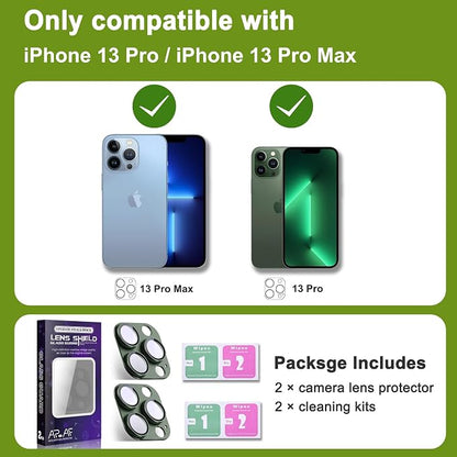 2-Pack Shatterproof Camera Lens Protector for iPhone 13 Pro/13 Pro Max |AR Tempered Glass Strong Adsorption Metal Camera Cover Screen(Dark green)