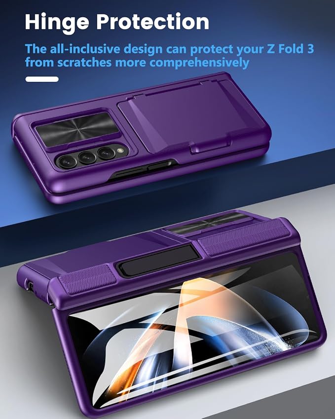 Viaotaily for Galaxy Z Fold 4 Case with Kickstand & Card Holder & Hinge Protection & Sliding Camera Cover, Built-in Screen Protector, Durable Rugged Phone Case for Samsung Z Fold 4, 2022, Dark Purple