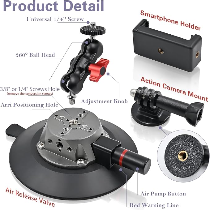 5.9"/15cm Suction Cup Camera Mount with Ball Head Magic Arm, Camera Suction Mount on Car Windshield for DSLR/Action Cameras/Phone Holder, with 1/4" & 3/8" ARRI Holes