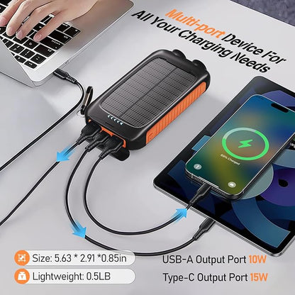 Solar Power Bank 20000mAh, Orange Portable Charger with USB-C USB-A Outputs, Emergency Backup Battery Pack, LED Flashlight, for iPhone Samsung Android – Solar for Emergency Only, Perfect for Camping
