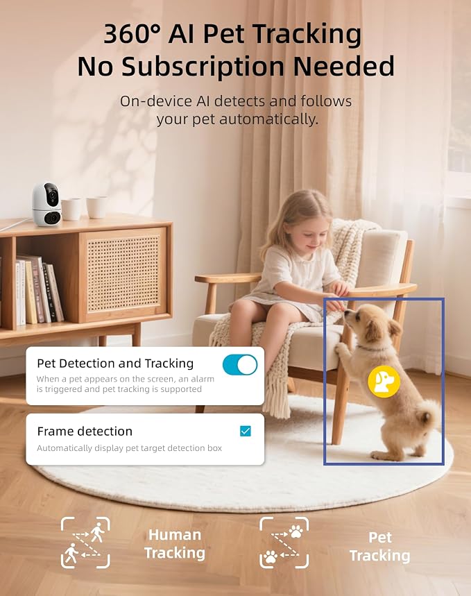 VIRTAVO AI Pet Camera Indoor with Phone App for Dog, Cat & Puppy, 360° Dual-Lens with Auto Tracking & Pet Calling, No Subscription, Wi-Fi 6 (5GHz/2.4GHz), Apple Watch & Alexa Compatible