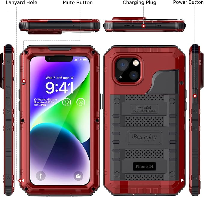 Beasyjoy for iPhone 14 Case Waterproof, Metal Heavy Duty Full Body Protective Case with Built-in Screen Protector, Military Grade Shockproof Dustproof Defender Rugged Cover 6.1 Inch, Red