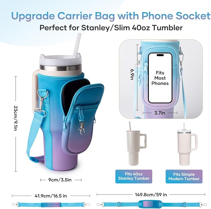 linmaya Water Bottle Carrier Bag for Stanley Cup 40/30oz with Phone Holder Pockets,Neoprene Water Bottle Cross-body Bag with Adjustable Shoulder & Hand Strap Stanley Cup Accessories