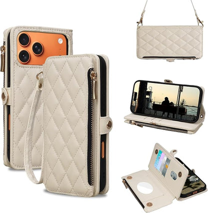 Rssviss Crossbody Wallet Case for iPhone 17 Pro Max 6.9", with Make Up Mirror, Wrist Strap, Zipper Purse Magnetic Flip, RFID Blocking Card Holder Kickstand, PU Leather Shockproof Women, Beige