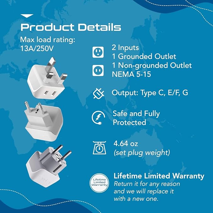 Ceptics Complete European Travel Adapter Set - 2 In 1 Usa to Europe, Germany, England, Spain, Italy, Iceland, France, (Type G, E/F, Type C) - 3 Pack, Safe Grounded Perfect for Cell Phones, Laptops
