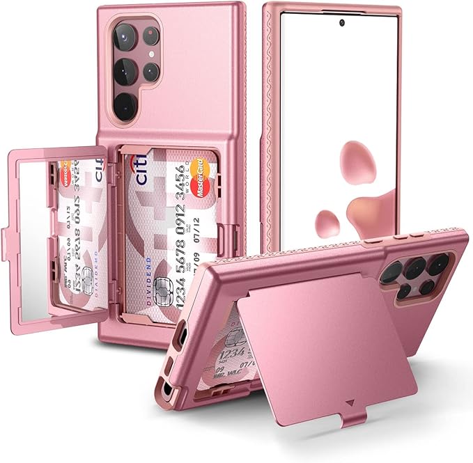 WeLoveCase for Samsung Galaxy S22 Ultra Wallet Case with Credit Card Holder & Hidden Mirror, All-Round Protection Shockproof Phone Cover Designed for Samsung Galaxy S22 Ultra, 6.8 Inch Rose Gold