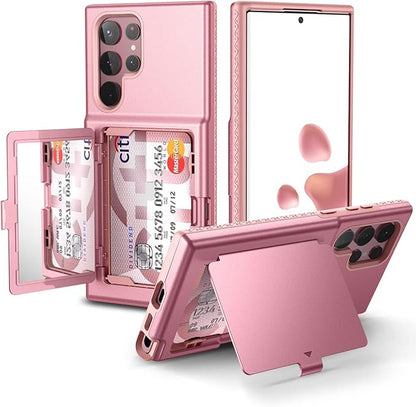 WeLoveCase for Samsung Galaxy S22 Ultra Wallet Case with Credit Card Holder & Hidden Mirror, All-Round Protection Shockproof Phone Cover Designed for Samsung Galaxy S22 Ultra, 6.8 Inch Rose Gold