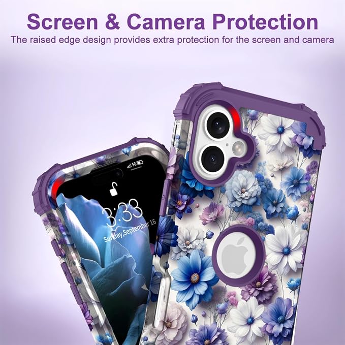 Hocase for iPhone 17 Case 6.3", Heavy Duty Shockproof Protection Soft Silicone Rubber+Hard Plastic Bumpers Hybrid Protective Case for iPhone 17 2025 - Blue Purple Flowers