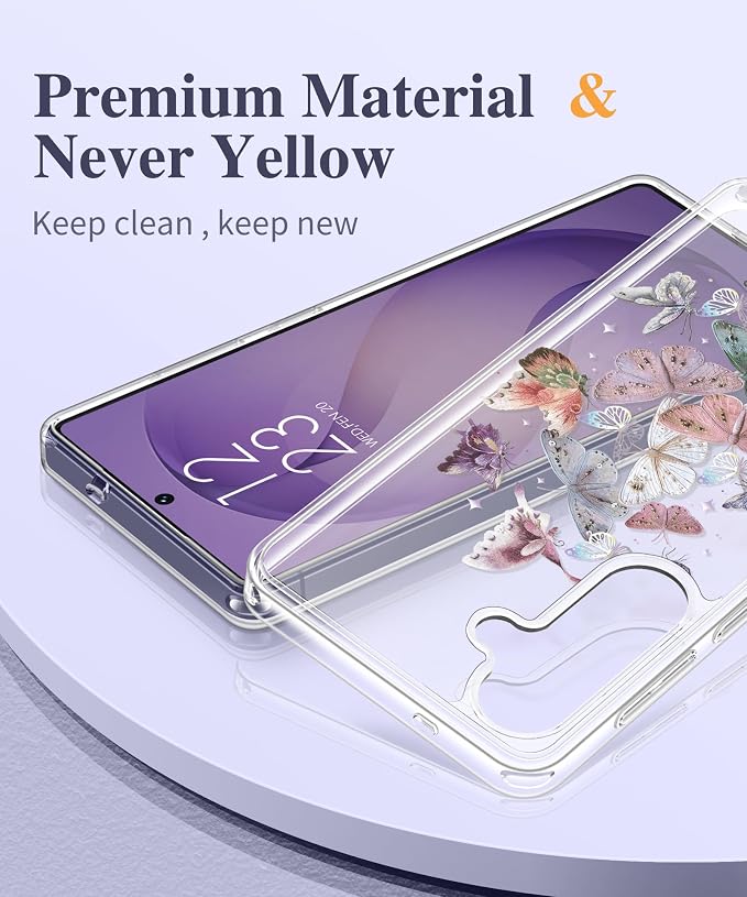 GVIEWIN for Samsung Galaxy S26 Plus Case, Clear Floral Slim Shockproof Protective Women Phone Case, Non-Yellowing, with Screen Protector&Camera Lens Protector for S26 Plus 6.7", Flutters/Purple