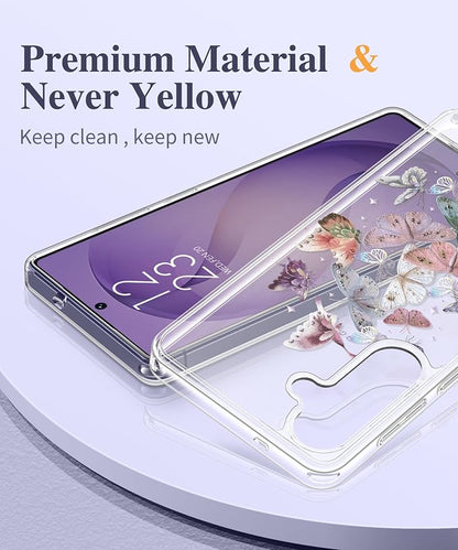 GVIEWIN for Samsung Galaxy S26 Plus Case, Clear Floral Slim Shockproof Protective Women Phone Case, Non-Yellowing, with Screen Protector&Camera Lens Protector for S26 Plus 6.7", Flutters/Purple