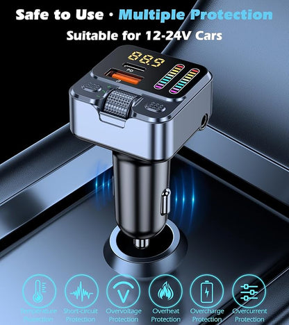 Bluetooth 5.3 Car Adapter with FM Transmitter & 42W PD Fast Charging, Wireless AUX/USB Music Receiver, Hands-Free Calls, Beat Sync LED Lights for Car Stereo, Compatible with All 12V-24V Vehicles