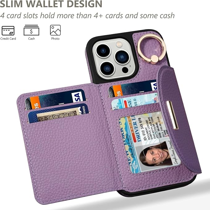 Keallce Wallet Case for iPhone 16 Pro 6.3'', Flip Case with Card Slots, Ring Holder Kickstand, PU Leather Protective Folio Cover for Women, Purple