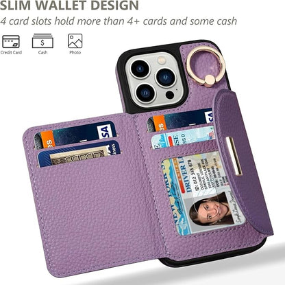 Keallce Wallet Case for iPhone 16 Pro 6.3'', Flip Case with Card Slots, Ring Holder Kickstand, PU Leather Protective Folio Cover for Women, Purple