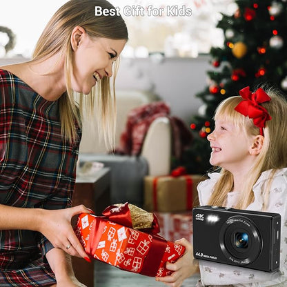 Digital Camera, 4K 44MP Autofocus Point and Shoot Camera with 16X Zoom 2.4" LCD Portable Compact Camera for Kids Teens Boys Girls Adults