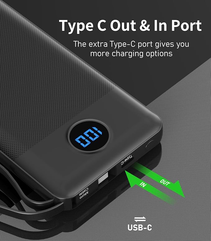 Portable Charger with Built in Cables, Slim 10000mAh Power Bank, USB C Battery Pack Travel, 4 Output 2 Input External Charging Bank for iPhone 17/16/15/14/13,Samsung, Android, etc-Black(1 Pack)