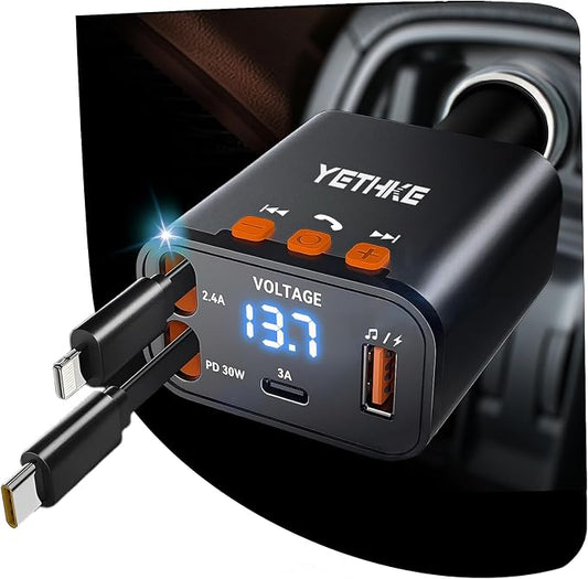 Bluetooth Car Adapter with Retractable Charger, FM Transmitter Bluetooth 5.4 for Cars, 4 in 1 Fast Car Phone Charger 69W, Handsfree Call, 2*Retractable Cable for iPhone 17/16/15/14, Galaxy-Black