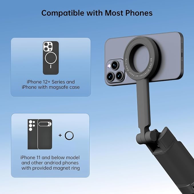 Selfie Stick for iPhone MagSafe, 67" Extendable Magnetic Phone Tripod with Remote, 360° Rotatable Travel Tripod with Metal Ring, Compatible with iPhone 12-17/Samsung Galaxy/Android Phones