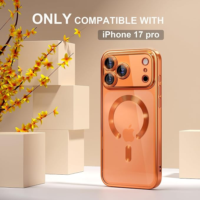 Misea Magnetic for iPhone 17 Pro Case Compatible with MagSafe [Never Yellowing] [Military Grade Drop Protection] Full Camera Lens Protector Plating Soft Clear Phone Case for Women, Cosmic Orange