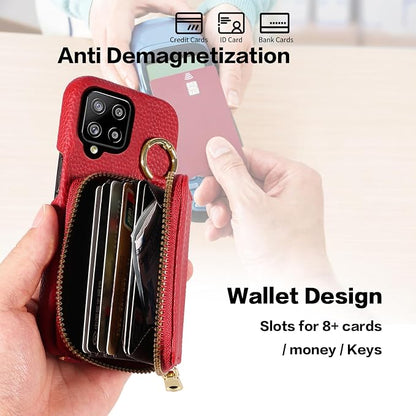 Wallet Case for Samsung Galaxy A22 4G 6.4 inch with Shoulder Strap Ring Buckle, PU Leather Zipper Organ Purse, Credit Card Holder Stand Phone Cover for M32 M22 F22 A 22 22A G4 Women Men Red