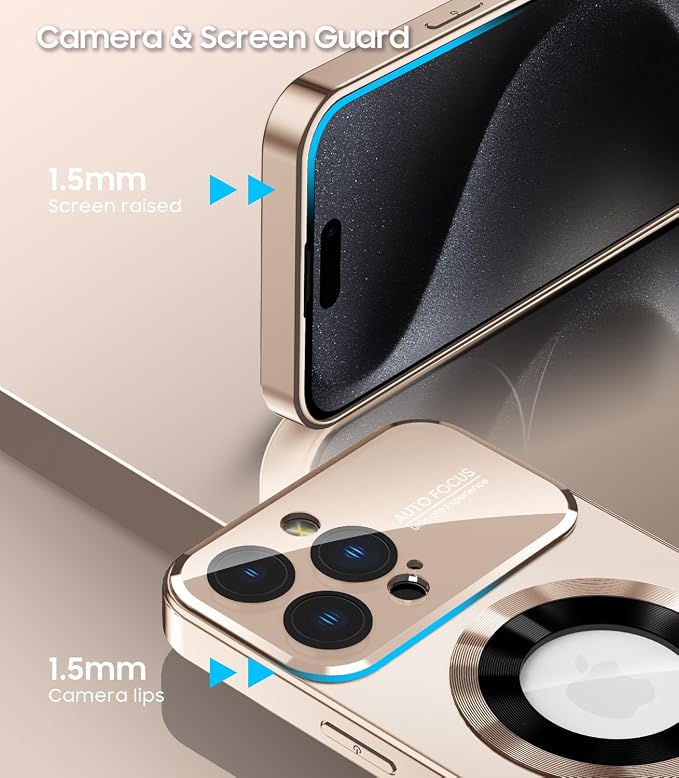 Magnetic for iPhone 15 Pro Max Case, Compatible with MagSafe, Built-in Camera Lens Protector, Logo View, Military Grade Drop Proof Phone Cover, Desert Titanium