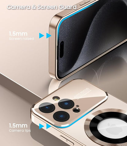 Magnetic for iPhone 15 Pro Max Case, Compatible with MagSafe, Built-in Camera Lens Protector, Logo View, Military Grade Drop Proof Phone Cover, Desert Titanium