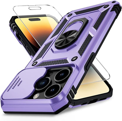 Vinve for iPhone 14 Pro Max Case with Slide Lens Cover HD Screen Protector, Military Grade Drop Protection, Magnetic Rotated Ring Holder Kickstand Protective Phone Case (Lavender)