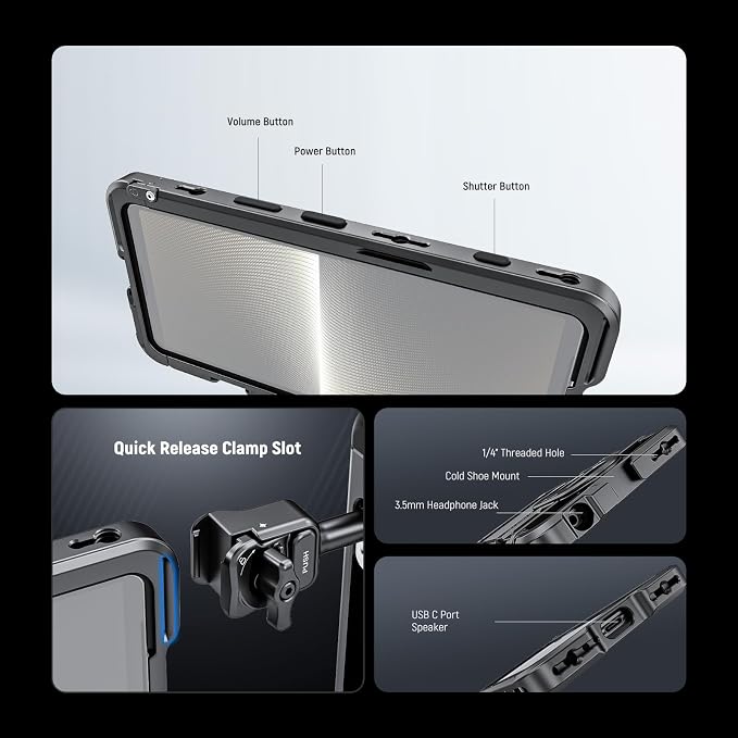 NEEWER Xperia PRO-I Cage, Quick Release Video Rig Case Phone Stabilizer Holder for Recording Filming, 67mm Filter Adapter, 17mm Lens Backplate, T Mount Backplate Compatible with Moment Sony, PA086