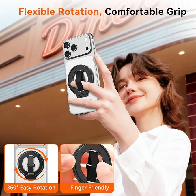 4-in-1 Magnetic Phone Grip Stand with Finger Strap Loop for Magsafe, [2025 Upgraded] Removable Phone Ring Holder for iPhone 17 Pro M ax/16/15/14/13/12 Series, White Elephant Gift For Men, Black