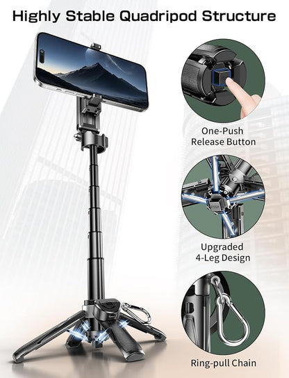 Selfie Stick for iPhone, Mini Tripod for MagSafe, Portable 4-in-1 Phone Tripod Stand with Remote & Cold shoe Mounts, Fit All 4.7" to 7" Phones for Travel Vlog Photography Video Recording