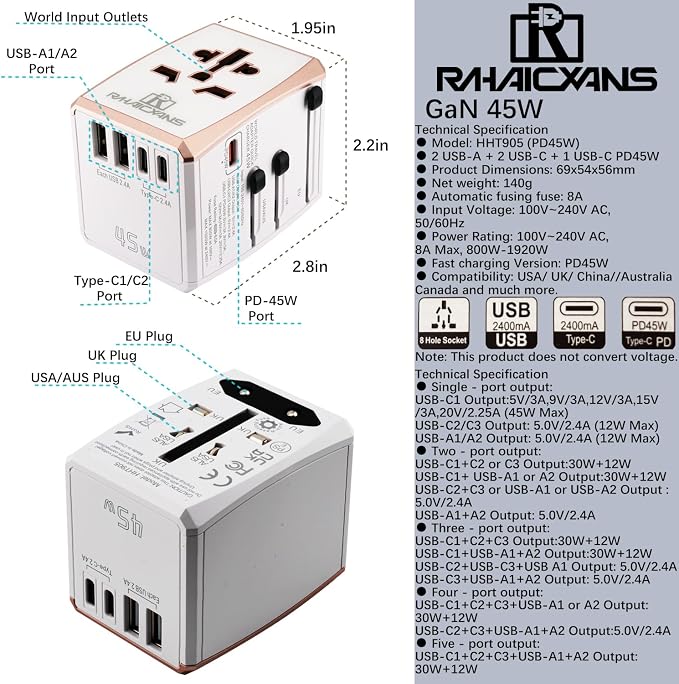 Universal Travel Adapter 45W with 5 Ports (3 USB-C, 2 USB-A) Worldwide Charger for USA, Europe, UK, Australia, Asia & 150+ Countries International Power Plug