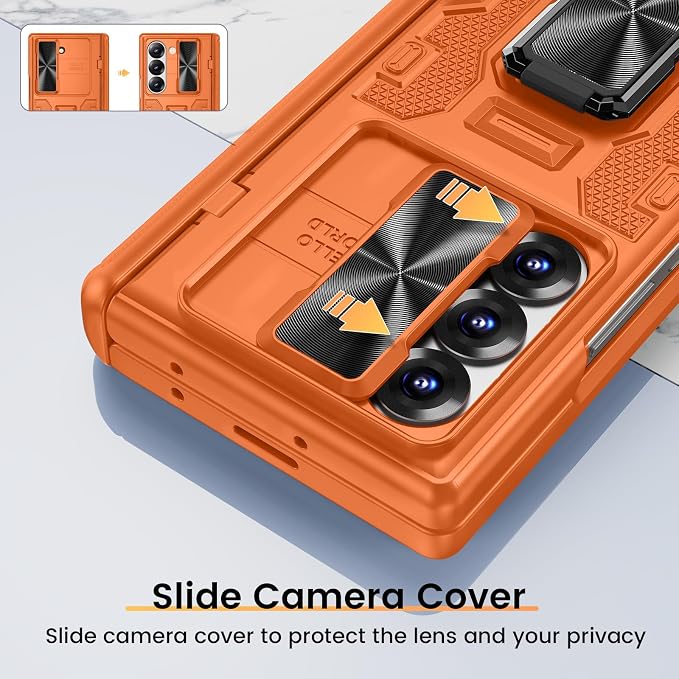 VEGO for Samsung Fold 6 Case with Hinge Protection&Screen Protector,Orange | Slide Camera Cover[Adjustable Stand] Military-Grade Drop Protection Hard Privacy Phone Case for Galaxy Z Fold 6 2024