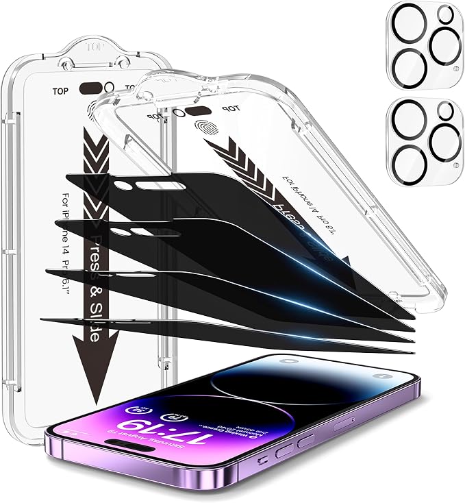 EZ-GLAZ- 4 Pack for iPhone 14 Pro Privacy Screen Protector[6.1"] With 2 Pack Camera Lens Protector, [Drop Protection] 9H Hardness Full Coverage Anti-Spy Tempered Glass Film, Easy to install