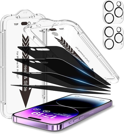 EZ-GLAZ- 4 Pack for iPhone 14 Pro Privacy Screen Protector[6.1"] With 2 Pack Camera Lens Protector, [Drop Protection] 9H Hardness Full Coverage Anti-Spy Tempered Glass Film, Easy to install