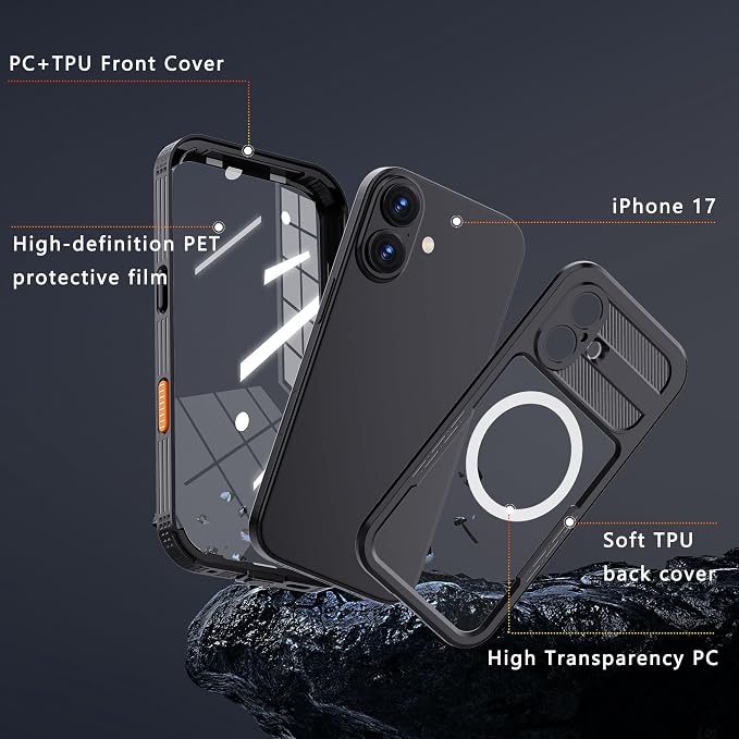 GOLDJU Magnetic for iPhone 17 Case-Waterproof, Built-in Screen & Camera Protector-IP68 Underwater Full Body 16FT Military Dropproof Shockproof Case for 17 6.3''- Black