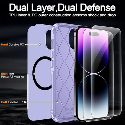 MOZOTER Magnetic for iPhone 15 Case with [2 Pcs Glass Screen Protector],[15 FT Shockproof][Compatible with Magsafe][Heavy Duty] iPhone Case for iPhone 15,Light Purple