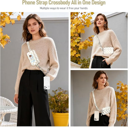 Clip and Go Strap for Phone with Wallet Crossbody Phone Lanyard and Detachable Checkered Bag with ID Window and RFID Pouch for Daily Travel.