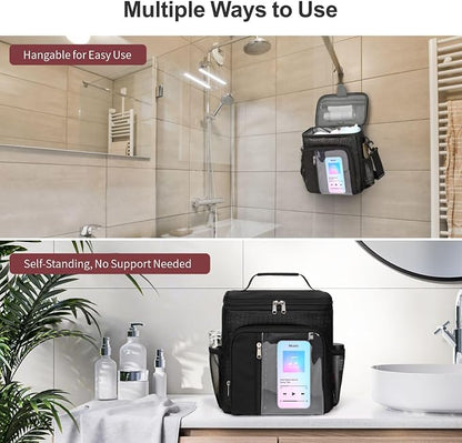 F-color Crossbody Shower Caddy with Phone Holder - Hands-Free Portable Toiletry Bag Fits Full-Size Bottles, Quick Dry Mesh Hanging Tote for College Dorm Essentials, Camping, Gym, Travel, Large, Black