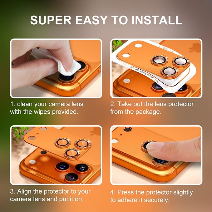 beuxece Compatible for iPhone 17 Pro Max Camera Lens Protector, Matte Metal Tempered Glass Rear Camera Screen Cover Accessories [Military Grade Shatterproof] [Strong Adsorption] - Glitter Orange