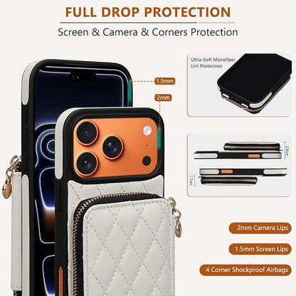 Keallce Case for iPhone 17 Pro Max 6.9'' Wallet Case, Crossbody Zipper Purse with RFID Blocking Card Slots Kickstand, Lanyard & Handstrap Flip Leather Cover for iPhone 17 Pro Max, Beige