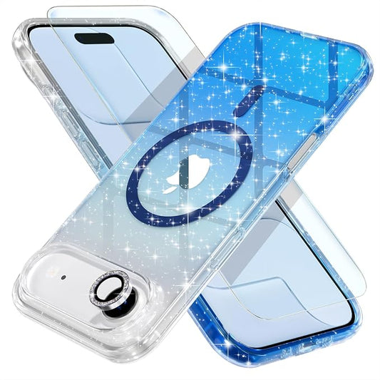 Choiche Magnetic for iPhone 17 Air Case Compatible with MagSafe, Women Cute Glitter Sparkly Phone Case with Diamond Camera Lens Protectors, Military-Grade Drop Protection 6.5" (Clear/Blue)