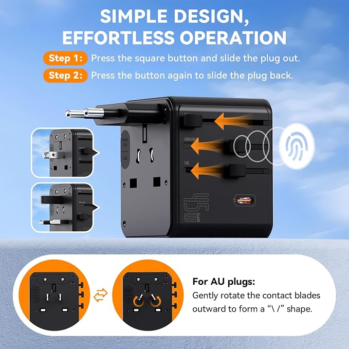 Auxmir Universal Travel Adapter, 45W PD Fast Charging Travel Plug Adapter with 2 USB-A and 3 USB-C Ports，International Adapter for EU, USA, UK, Asia, Worldwide Use, Black