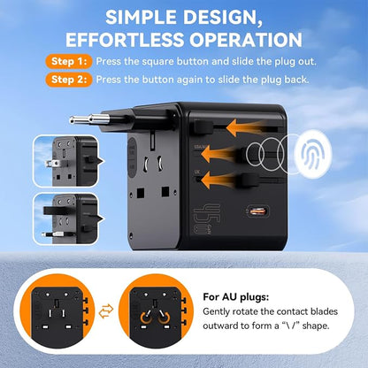 Auxmir Universal Travel Adapter, 45W PD Fast Charging Travel Plug Adapter with 2 USB-A and 3 USB-C Ports，International Adapter for EU, USA, UK, Asia, Worldwide Use, Black