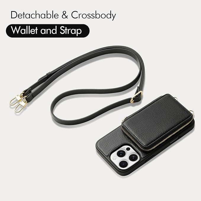 ZVE for iPhone 16 Pro Wallet Case with Card Holder, Zipper Crossbody Case with Wrist Strap for Women for iPhone 16 Pro 6.3" Black