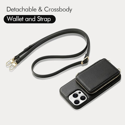 ZVE for iPhone 16 Pro Max Wallet Case, Zipper Crossbody Case with Wrist Strap Card Holder Protective Cover for Women for iPhone 16 Pro Max 6.9" Black