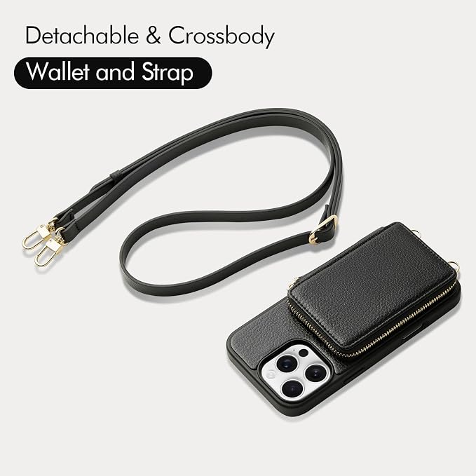 ZVE for iPhone 16 Pro Wallet Case with Card Holder, Zipper Crossbody Case with Wrist Strap for Women for iPhone 16 Pro 6.3" Black
