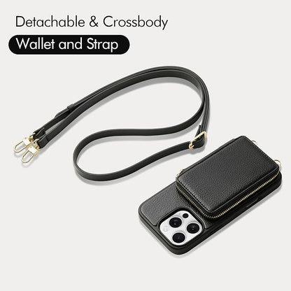 ZVE for iPhone 16 Pro Wallet Case with Card Holder, Zipper Crossbody Case with Wrist Strap for Women for iPhone 16 Pro 6.3" Black