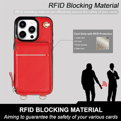 Bocasal Crossbody Wallet Case for iPhone 15 Pro, RFID Blocking Leather Purse Case with Card Holder, Protective Handbag Flip Cover with Zipper Wrist Strap Lanyard for Women 5G 6.1 Inch (Red)