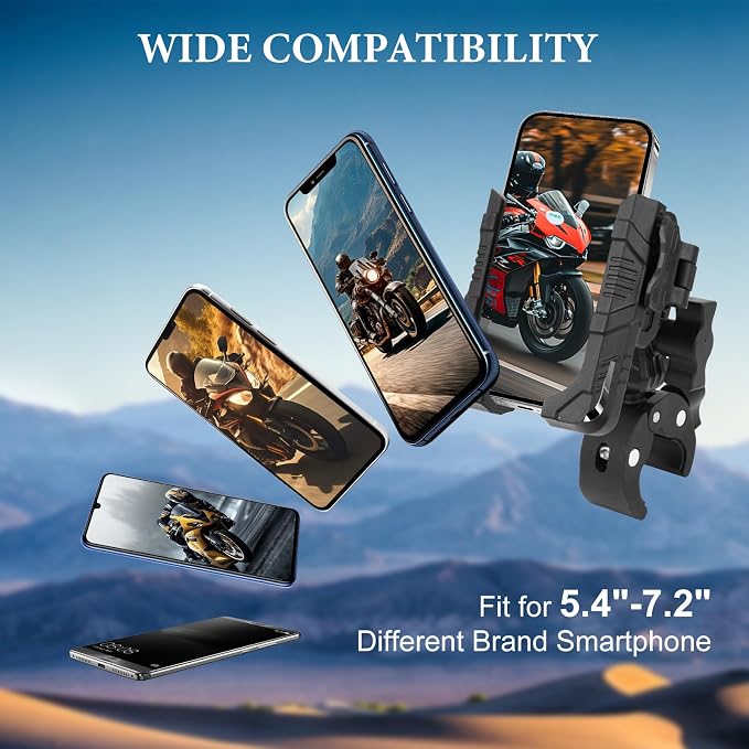 Universal Phone Mount for Bike/Motorcycle/Scooter/ATV, 720° Rotatable Anti-Shake Holder with One-Hand Quick Release &Secure Lock Knob, Fits 5.4-7.2” iPhone 16/15/14/13 Pro Max, 75026