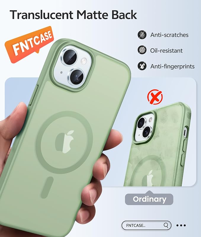 FNTCASE for iPhone 15 Case: for iPhone 14 Case & iPhone 13 Case [Compatible with Magsafe] Translucent Matte Cases with [Screen Protector] Military Grade Shockproof Protective Phone Cover - Light Moss